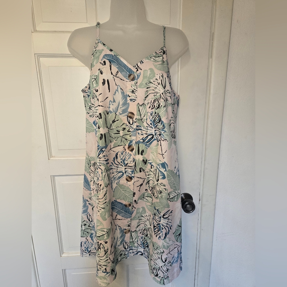 Tropical Print Button-Front Sundress in Pastel Green & Blue